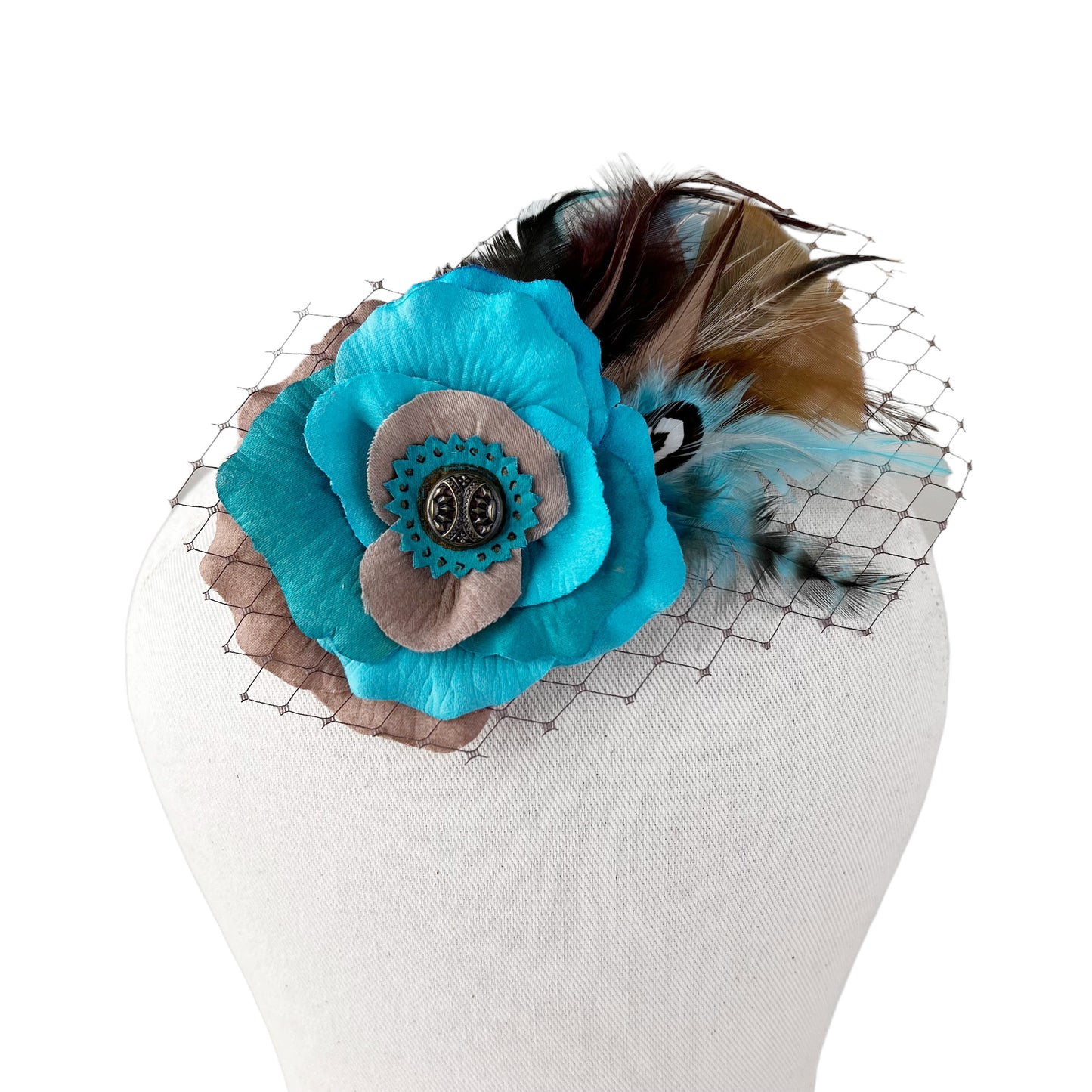 Rose Feather Fascinator Hair Clip Turquoise Blue Tan