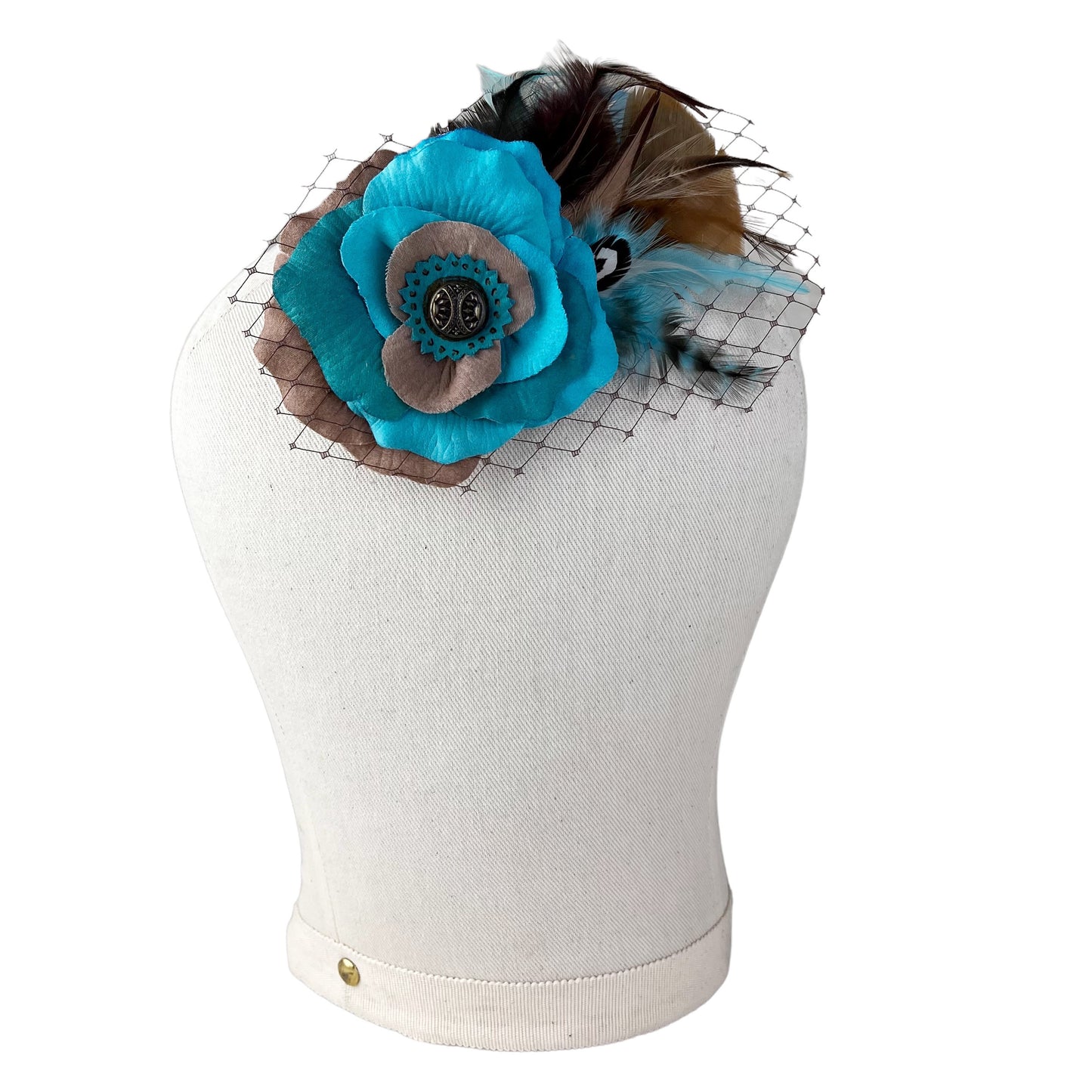 Rose Feather Fascinator Hair Clip Turquoise Blue Tan